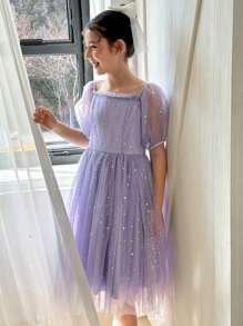 DAZY 青少年女孩闪亮网眼短袖立领连衣裙，春夏装（加大码），返校服装 - 淡紫色 - 查看 4