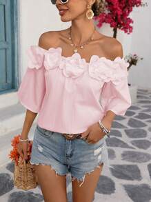 Breezaya Women's Spring & Summer Casual Vacation Travel Off-Shoulder Decorate 3D Floral 3/4 Batwing Sleeve Loose Simple Shirt