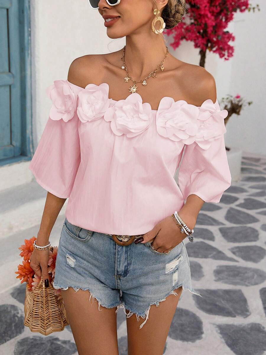 Breezaya Women's Spring & Summer Casual Vacation Travel Off-Shoulder Decorate 3D Floral 3/4 Batwing Sleeve Loose Simple Shirt