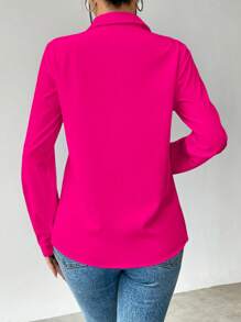 Elenzga Casual Solid Color Long Sleeve Shirt, Commuting Fall Cloth For Women - Hot Pink - View 2