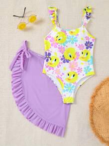 LOONEY TUNES X SHEIN Tween Girl Floral And Bird Tweedy Print Ruffle One-Piece Swimwear With Purple Beach Skirt, For Spring And Summer. - Mauve Purple - View 1