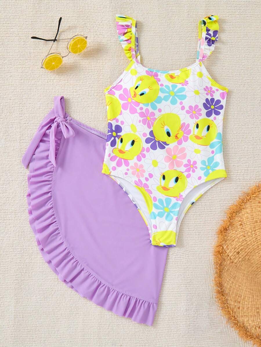 LOONEY TUNES X SHEIN Tween Girl Floral And Bird Tweedy Print Ruffle One-Piece Swimwear With Purple Beach Skirt, For Spring And Summer. - Mauve Purple - View 1