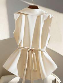 SHEIN Clasi Solid Color Pleated Metal Button Sleeveless Blouse For Women, Business/Office Attire - Apricot - View 2