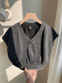 Comfortcana 女士 V 领蝙蝠袖短袖破洞短款运动衫，休闲风格 - 黑色 - 查看 4