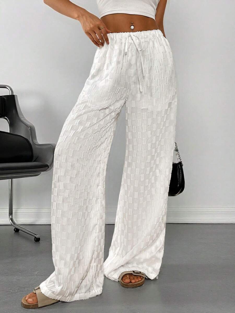 SHEIN Essnce 节日纹理镂空系带高腰阔腿裤 - 白色 - 查看 1