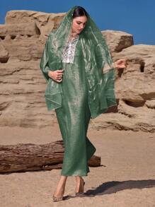 Al Najma Women's Patchwork Webbed V-Neck Batwing Sleeve Turkish Casual Dress Kaftan Jalabiya Dress - Dark Green - View 7