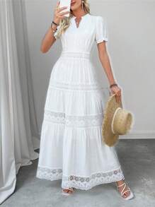 Breezaya Robe femme couleur unie avec empiècement en dentelle, col V et manches courtes