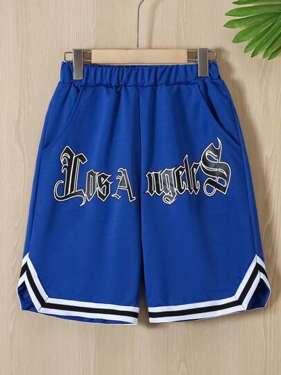 SHEIN Tween Boy Los Angeles 字母图案对比色胶带短裤，适合篮球运动