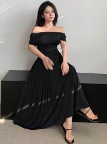 DAZY 2pcs Women Asymmetric Shoulder T-Shirt And Wide Leg Pants Set - Black - View 2