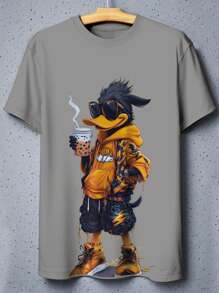 Manfinity Dauomo Men's Casual Cartoon Animal Print Round Neck Short Sleeve T-Shirt - Grey - View 4