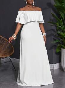 Slaydiva 2025 New Plus Size Women Versatile Casual Minimalist Design Backless Ruffle Trim Fitted Dress - White - View 8