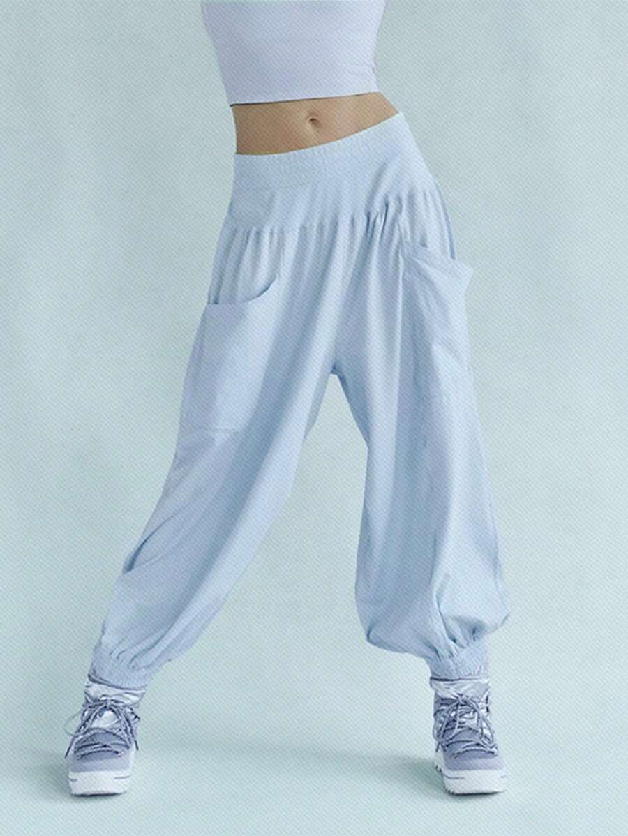 SHEIN Tween Girls Blue Solid Color Loose Comfortable Versatile Sporty Casual Running Outdoor Elegant High Waist Elastic Waist Snug Fit Full Length Pants, All-Match Style Joggers Cargo Pants