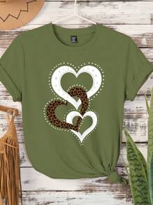 SHEIN LUNE Plus Size Fashion Heart And Leopard Print Crew Neck Short Sleeve T-Shirt - Olive Green - View 3