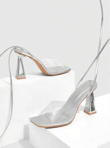 CUCCOO SZL Women Silver Square Toe Thick Heel Criss-Cross Strap Transparent Glass Lacquer Sandals - Silver - View 7