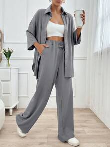 SHEIN Tall Size Women 2pcs Set Front Button Long Sleeve Top And Front Tie Long Pants, Minimalist Style - Dark Grey - View 3