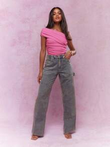 MISSGUIDED Asymmetric Off Shoulder Ruched Bodysuit Form Fitting Party Club Night Out Evening Stretchy One Piece Summer Spring Fashion Modern - Pink - View 4