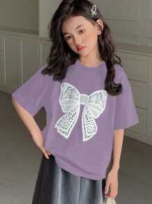 DAZY Tween Girl Crew Neck Knit Short Sleeve Butterfly Print T-Shirt, Spring/Summer,Back To School Clothes - Purple - View 3