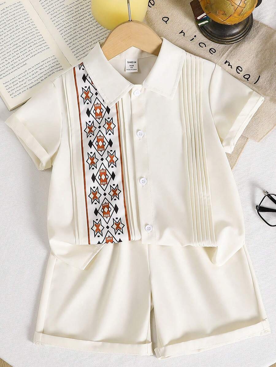 男童衬衫短裤套装（2件套），侧边印花拼接细节，风琴褶设计 - 米色 - 查看 1