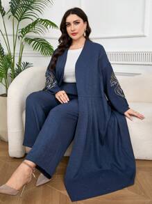 Al Najma 花卉刺绣开襟外套和裤子，适中 - 藏蓝色 - 查看 8