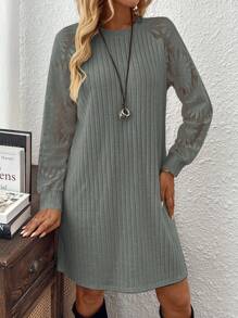 EMERY ROSE Women's Casual Round Neck Long Sleeve Ribbed Mini Mesh Dress