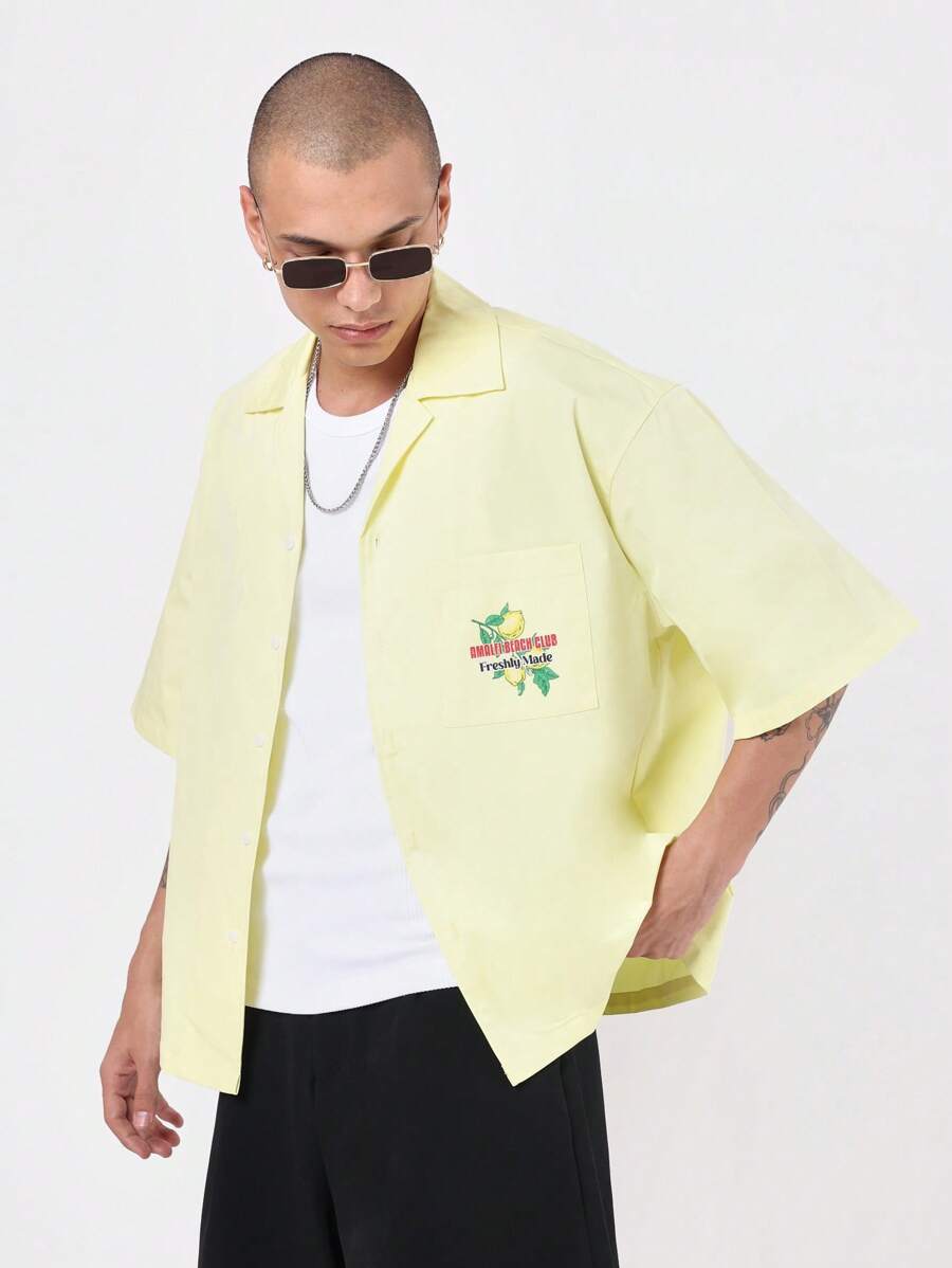 SUMWON 新鲜制造夏季俱乐部短袖纽扣衬衫复古图案印花街头服饰度假海滩派对节日休闲现代宽松度假装度假必备 - 黃色 - 查看 1