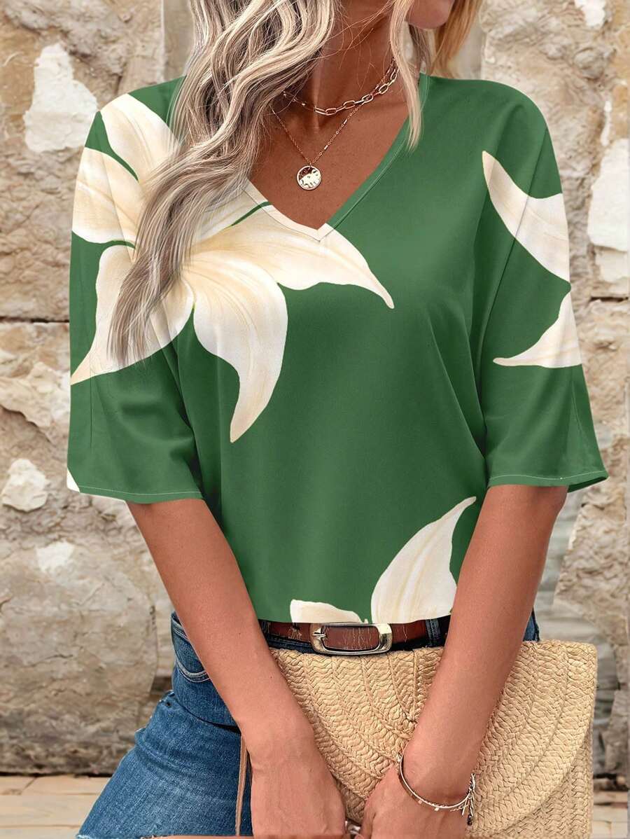 EMERY ROSE Casual Loose V-Neck 3/4 Sleeve Women Shirt, Suitable For Summer - Multicolor - View 1