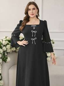 Modelyn Plus Size Long Sleeve Solid Color Bow Pearl Decor Arabian Dress - Black - View 1