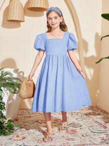 SHEIN Tween Girls' Sweet & Casual Textured Collared Puff Sleeve Mini Dress - Baby Blue - View 3