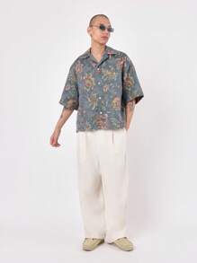 SUMWON 复古挂毯花卉短袖纽扣衬衫宽松夏季度假装休闲度假海滩夏威夷风格节日上衣