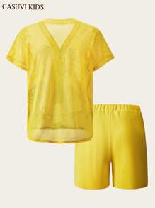 SHEIN Explorewe Set 2pcs/Set Kaos dan Celana Pendek Olahraga Berbahan Jala untuk Remaja Laki-laki dengan Grafis Potret AI - Kuning - View 6