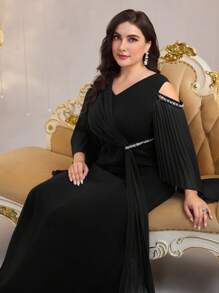 Modelyn Vestido elegante de fiesta con pliegues y decoración de abalorios en talla grande - Negro - Ver 4