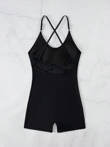 Swim Lushoire 女士海滩夏季服装纯色交叉露背细肩带连体泳衣 - 黑色 - 查看 7