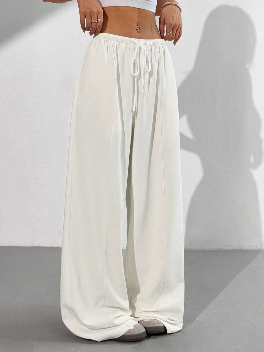 SHEIN EZwear 女士休闲纯色抽绳腰阔腿裤 - 米色 - 查看 1