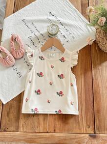 SHEIN LMoss Kids 年轻女孩碎花圆领荷叶边下摆修身休闲背心