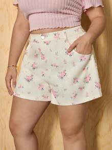 SHEIN MOD Pantalones cortos con estampado floral rosa, de talle medio, versátiles, para tallas grandes