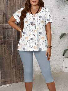 EMERY ROSE 2pcs/Set Casual Floral Allover Print Loose Short Sleeve & Capri Pants Plus Size Set,Holiday Outfits Suitable For Going Out,Flower/Spring/Summer/Vacation - Multicolor - View 6