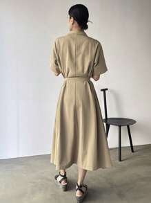 FRIFUL 女式纯色翻领短袖实用口袋中长衬衫裙太阳裙 - 卡其色 - 查看 3