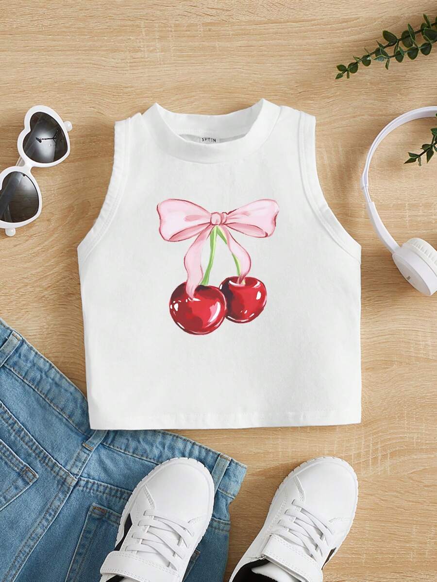 Bow & Cherry Graphic Pattern, Young Girl Casual Minimalist Cartoon Sleeveless Round Neck Tank Top, Suitable For Summer - White - View 1