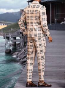 Calvornis Gift For Boyfriend, Men's Regular Plaid Print Casual Suit Two-Piece Suit, Lapel Collar Long-Sleeved Jacket And Pants Suit, Casual Wear