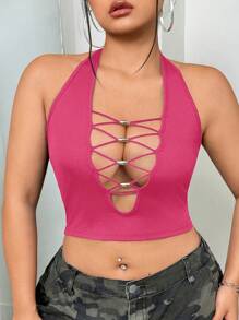 SHEIN ICON Plus Size Sleek V-Neck Beaded Decor Halter Tank Top - Hot Pink - View 6