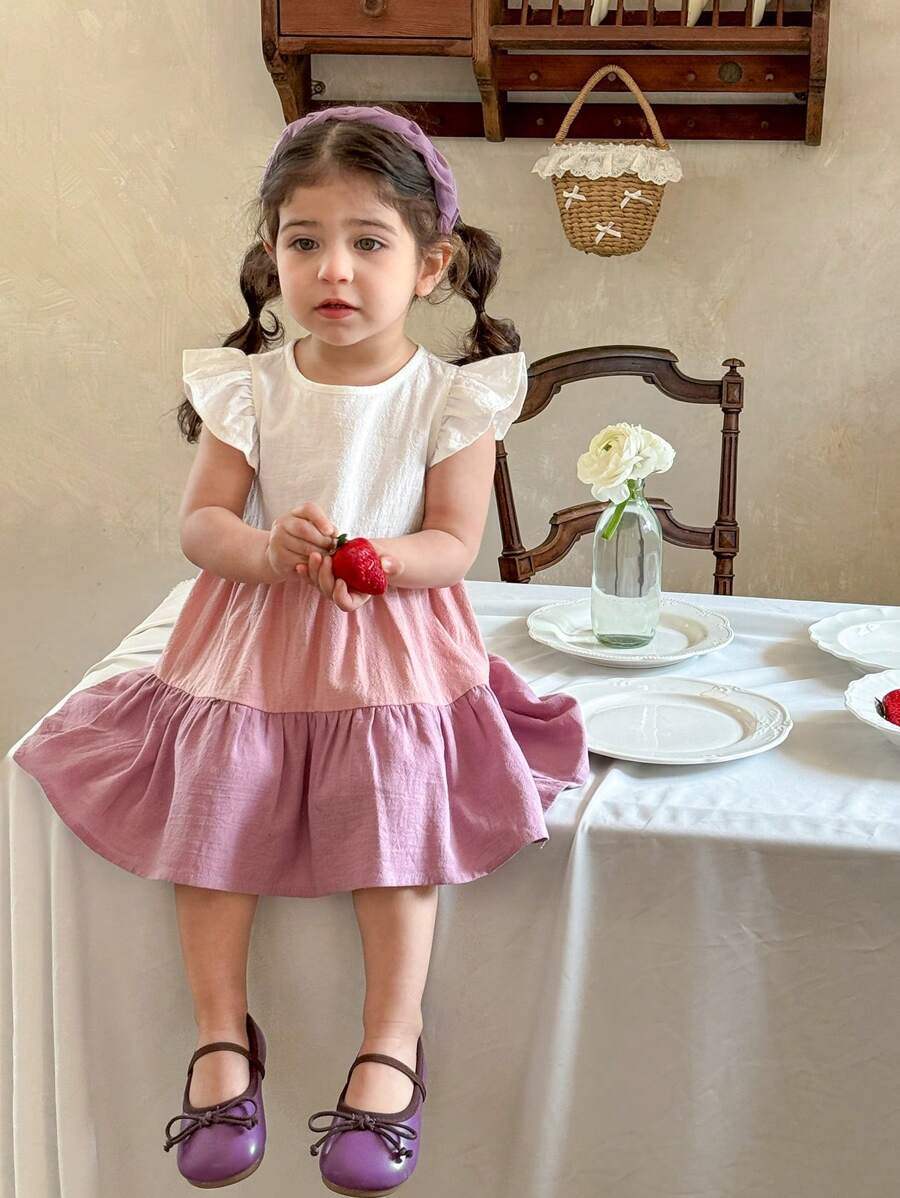 SHEIN LMoss Kids Babygirl Cute Contrast Color Cap Sleeve Dress, Summer - White - View 1