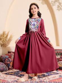 Abito a maniche lunghe con collo a ciambella e stampa geometrica, con design a frange, per ragazze pre-adolescenti