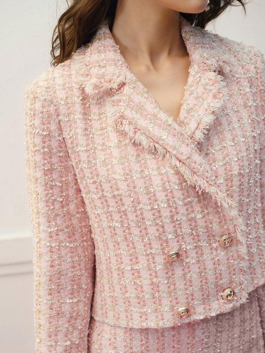 MOTF PREMIUM 粗花呢原色边饰双排扣西服外套