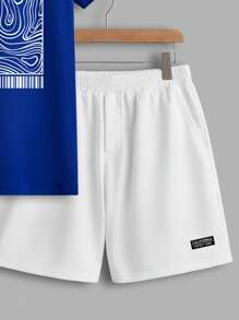 Manfinity Homme Navy Blue Top & White Shorts Men's T-Shirt Shorts Set - Blue and White - View 3