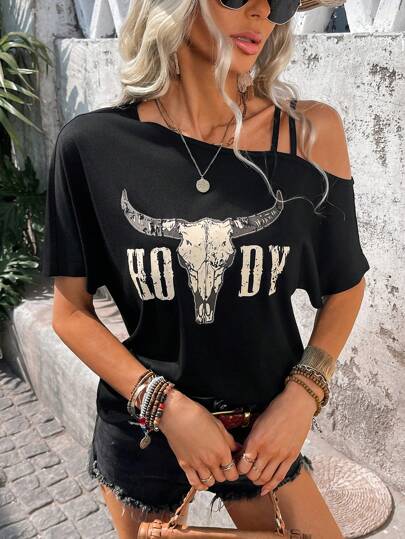 Wildy Summer Music Festival Vintage Printed T-Shirt For Women Easter Women Cottagecore Graphic Tee Asymmetrical Neck Top Easter Boho Country Concert Easter Graphic Tees Western Wear Women Goth Graphic Tee