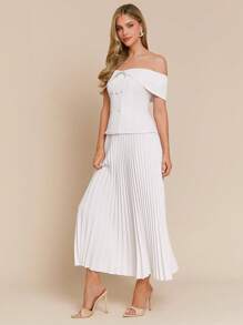 Amorya Set de 2 piezas con top hombros descubiertos de doble botonadura y falda plisada tipo línea A para mujer, romántico blanco boda