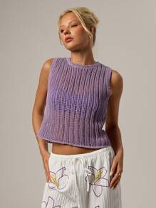 SHEIN Forever 21 Primavera y verano Mujer Romántica/Baile de graduación/Formal/Cumpleaños/Años 90/Casual de negocios/Elegante/Vestimenta occidental/Salir/Moda/Casual/Y2k/Club/Oficina/Cóctel/Vintage/ajustado/Festival rave/Divertido/Elegante/Old Money/Ropa de calle/Vacaciones/Concierto de country/Trabajo/Modesto/Spring Break/Despedida de soltera/Concierto/Baddie/Básico/Graduación/Cuello redondo/Sin mangas/Rayas verticales/Hueco/Suéter morado/Parte superior de ganchillo