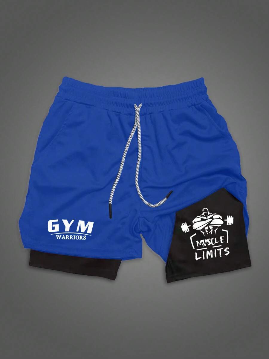 Gym Rark 男士撞色拼接字母印花抽绳腰运动短裤 - 藍色 - 查看 1