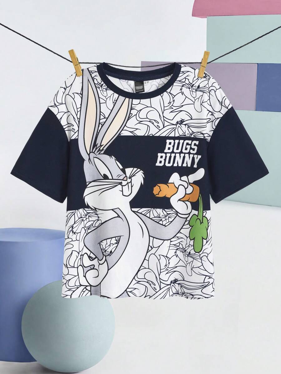 LOONEY TUNES X SHEIN Tween Boys Cartoon Grey Rabbit & Carrot Graphic White Casual Short Sleeve T-Shirt