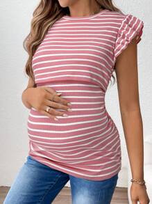 SHEIN Áo thun tay lỡ kẻ sọc cho con bú khi đi nghỉ - Hồng - Xem 4